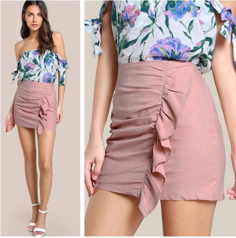 Eleven22 Ruched Ruffle Zip Up Linen Skirt Rose Blush Pink S Small